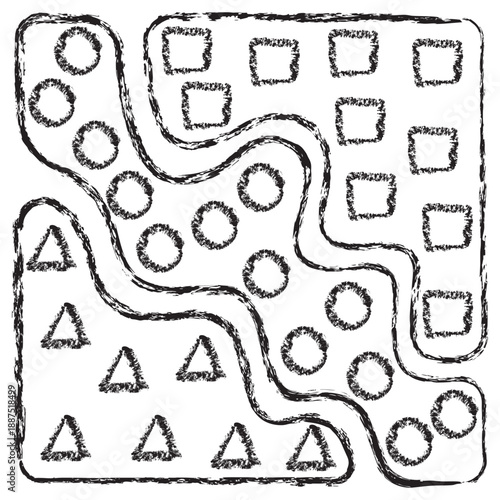Vector icon of machine learning data classification with decision boundaries. Dark brown charcoal sketch on transparent background. Hand-drawn concept for SVM algorithm and pattern recognition
