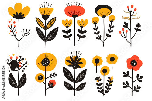 Colección de flores decorativas estilizadas en colores cálidos sobre fondo transparente, ideales para diseño gráfico.