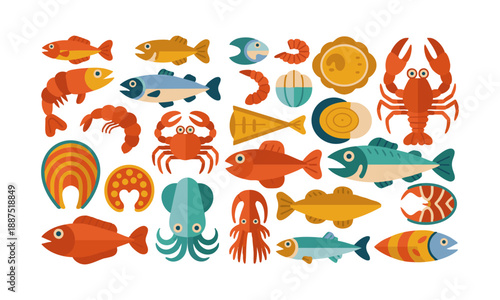 Flat vector fish and shellfish food illustration set, easily editable.