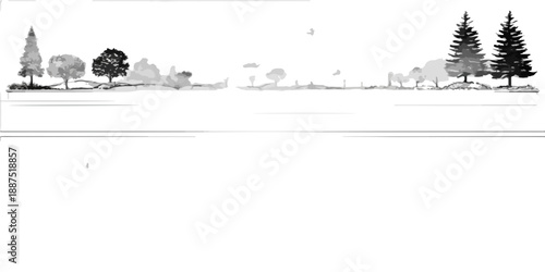 Ilustración de un paisaje natural con árboles diversos y un horizonte limpio, ideal para diseños.