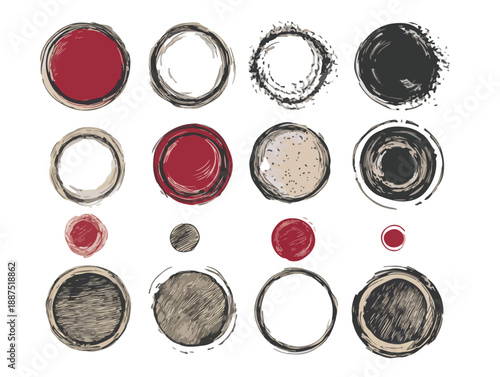 Conjunto de círculos desenhados à mão em estilo pincelada, com texturas e cores variadas, em fundo transparente.