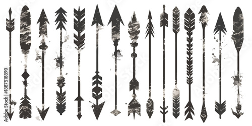 Conjunto de setas tribais e étnicas com textura grunge, isoladas em fundo transparente.