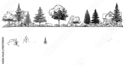 Ilustración de árboles y casas en estilo boceto, con elementos transparentes para diseño gráfico.