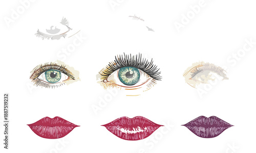 Ilustração detalhada de olhos e lábios femininos com traços artísticos e cores vibrantes, com fundo transparente