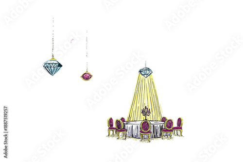 Ilustración de una mesa de banquete elegante con sillas, lámparas de araña y diamantes colgantes, fondo transparente.