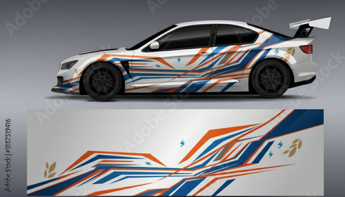 White sports car with a dynamic blue and orange geometric graphic design wrap, shown alongside the full decal pattern.
