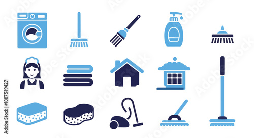 Blue and Dark Blue Cleaning Service Icons Vector Set
