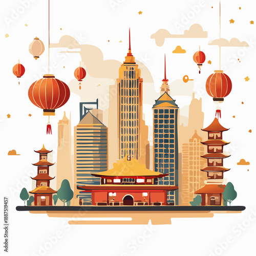 Chinese Architecture Cityscape with Lanterns.