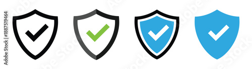 Security shield with checkmark icon set. Protection and safe symbol for  app, website or design element. Transparent PNG and vector