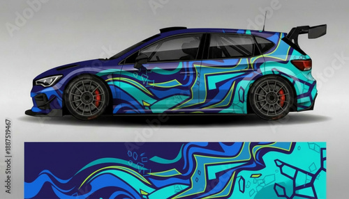 Blue and turquoise rally car with abstract graffiti design and full wrap pattern.