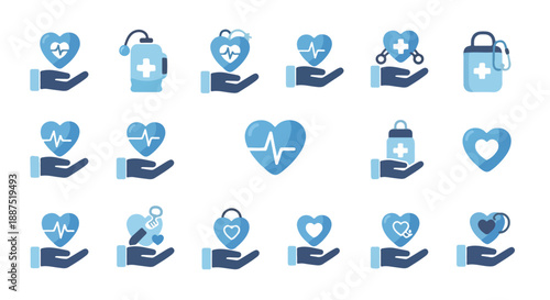 Medical Heart Health and Healthcare Blue Flat Vector Icons Set