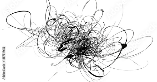 Abstracto trazo de pincel negro sobre fondo blanco, diseño de arte digital con líneas caóticas y orgánicas.