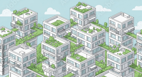 Eco-friendly isometric city with green rooftops.