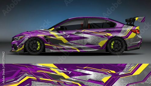 Side view of a modern sports car with a vibrant purple, yellow, and silver geometric abstract vinyl wrap design, showcasing a dynamic and futuristic aesthetic.