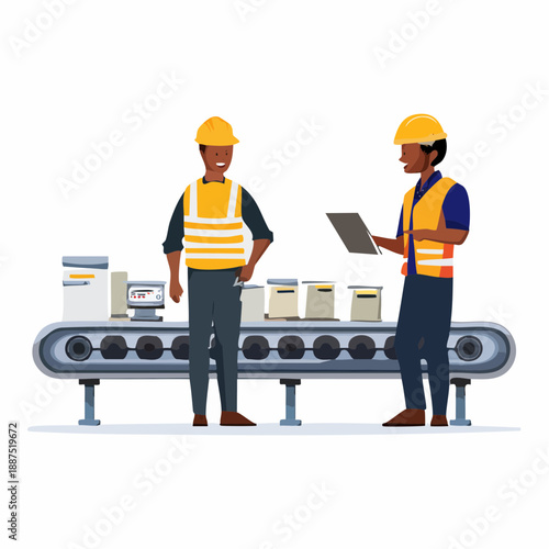 Industrial Workers Inspecting Conveyor Belt.