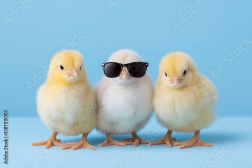 Wallpaper Mural Three yellow chicks, wearing sunglasses, on blue Torontodigital.ca