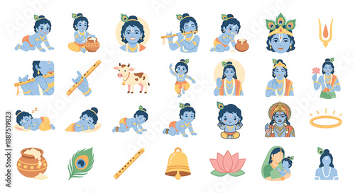 Collection of cartoon illustrations depicting the Hindu god Krishna in various poses and scenes.