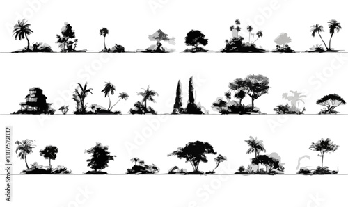 Silhuetas de árvores e plantas tropicais diversas em fundo transparente para design gráfico e arquitetura