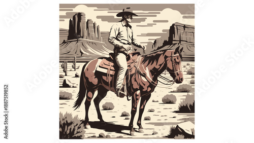 Vintage Cowboy Silhouette on Bucking Horse - Western Rodeo Art - Wild West Cowboy Illustration - Rodeo Cowboy on Horseback