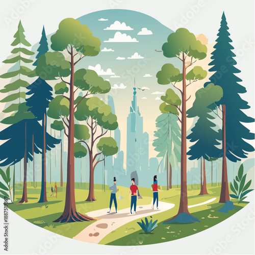 Illustration of People Walking in Forest.