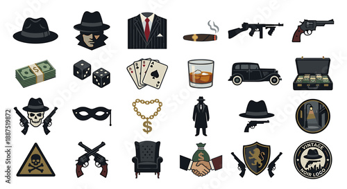 Collection of gangster-themed icons including hats, guns, money, cards, a car, and other related symbols.