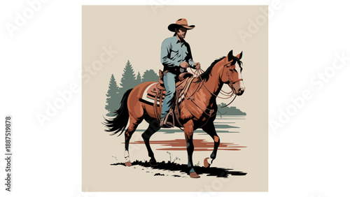 Vintage Cowboy Silhouette on Bucking Horse - Western Rodeo Art - Wild West Cowboy Illustration - Rodeo Cowboy on Horseback