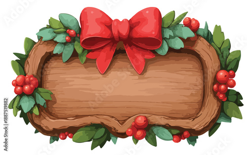Marco de madera rústico decorado con lazos rojos, hojas verdes y bayas rojas, con fondo transparente.