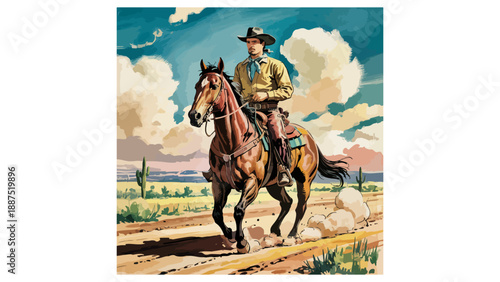 Vintage Cowboy Silhouette on Bucking Horse - Western Rodeo Art - Wild West Cowboy Illustration - Rodeo Cowboy on Horseback