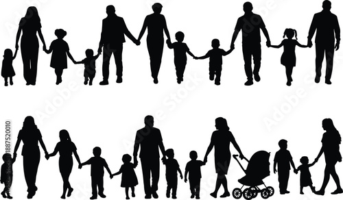 Family silhouettes holding hands with parents and children representing unity, love, togetherness, childcare, parenting, community bonding, and generational connection