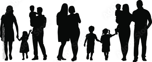 Family silhouettes standing together with parents and children showing love, unity, parenting, care, togetherness, and modern family lifestyle conceptFamily silhouettes standing 