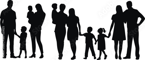 Happy family silhouettes standing together with parents and children representing love, unity, parenting, togetherness, and modern family lifestyle concept