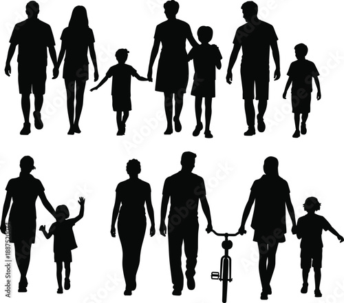Happy family silhouettes walking together with parents and children representing love, unity, parenting, togetherness, and modern family lifestyle concept