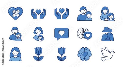 Blue Line Art Vector Icons of Love, Family, Care, and Mental Health