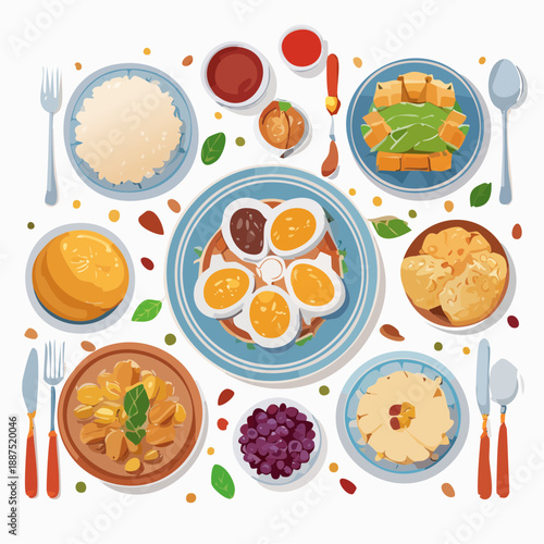 Breakfast Dishes with Eggs and Sides.