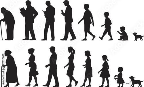 Human life stages silhouette illustration showing aging, growth, generations, family timeline, daily activities, and people walking through lifecycle