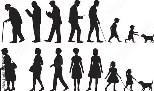 Human life stages silhouettes showing aging process from childhood to senior adulthood with people walking daily activities timeline concept