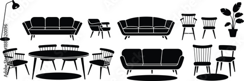 Modern living room furniture silhouette set featuring sofas chairs tables lamps and plants for interior design illustration vector collection