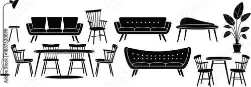 Modern living room furniture silhouettes featuring sofas chairs tables lamps and plants for interior design illustration vector set