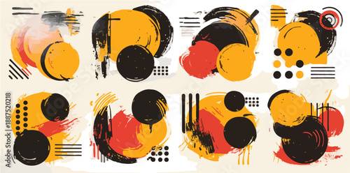 Composición abstracta moderna con formas orgánicas, pinceladas y elementos geométricos en colores vibrantes.