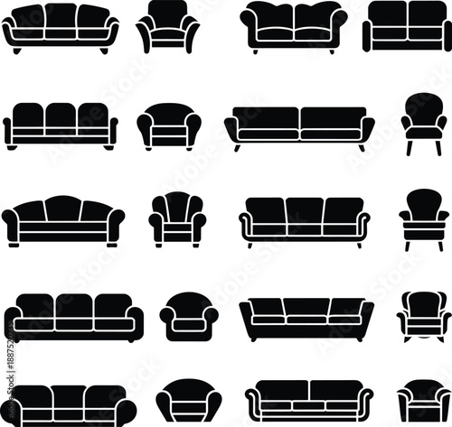 Sofa and armchair furniture silhouette set showcasing modern couches and seating styles for living room interior design vector