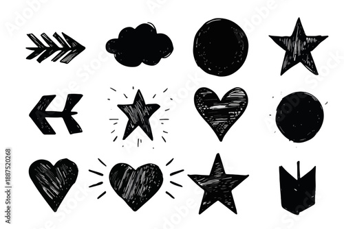 Conjunto de ícones desenhados à mão em preto e branco, incluindo setas, nuvens, corações e estrelas, com fundo transparente.
