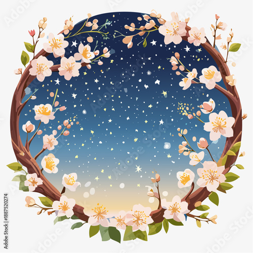 Floral Wreath with Blossoms and Branches.