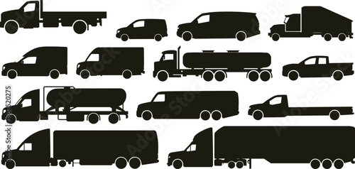 Truck and delivery vehicle silhouette collection featuring cargo vans tankers pickups and freight transport for logistics industry vector illustration