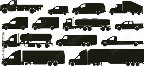 Truck and delivery vehicle silhouette set featuring cargo vans tankers pickups and freight transport for logistics industry illustration vector