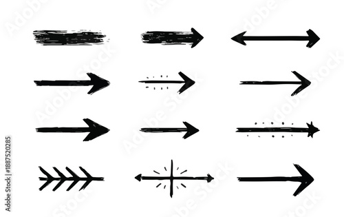 Conjunto de setas desenhadas à mão em preto e branco, com diferentes estilos, sobre fundo transparente.
