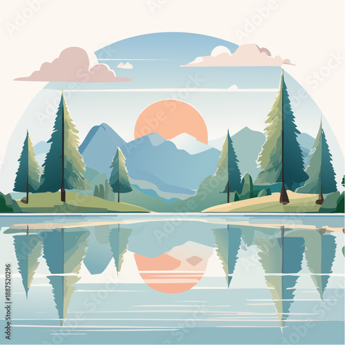 Serene Lake Landscape with Mountains.