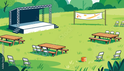 An outdoor stage, picnic tables, chairs, and banner set up in a grassy park