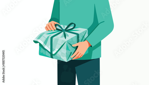 Person holds a beautifully wrapped gift box with a ribbon bow