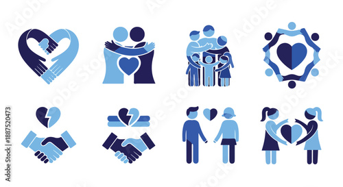 Blue and Dark Blue Vector Icons of Love, Support, and Unity