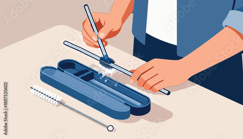 Hands cleaning reusable straws with brushes in a travel case